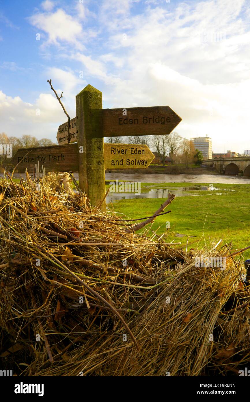 Nachwirkungen von Carlisle Überschwemmungen. 6. Dezember 2015. Fuß Weg Schild mit Treibgut, die Höhe des überfluteten Fluss Eden verursacht durch Sturm Desmond illustriert. Carlisle, Cumbria, England, UK. Stockfoto