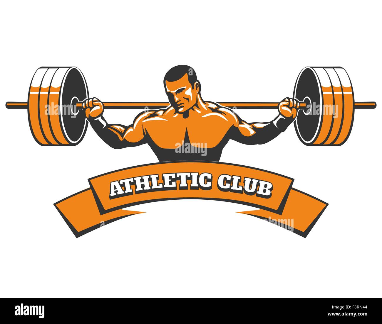 Sportverein oder Fitness-Studio-Emblem. Bodybuilder mit Langhantel und Banner für Ihren Text. Kostenlose Schriftart verwendet. Stock Vektor