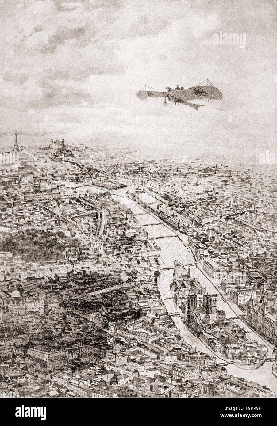 Ein deutscher Flieger fliegt über Paris, Frankreich während des ersten Weltkriegs. Stockfoto