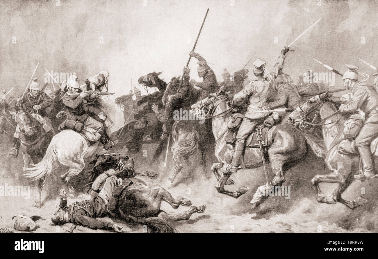 Deutsche Ulanen Eingriff französische Dragoner in Perwez, Belgien im ersten Weltkrieg. Stockfoto