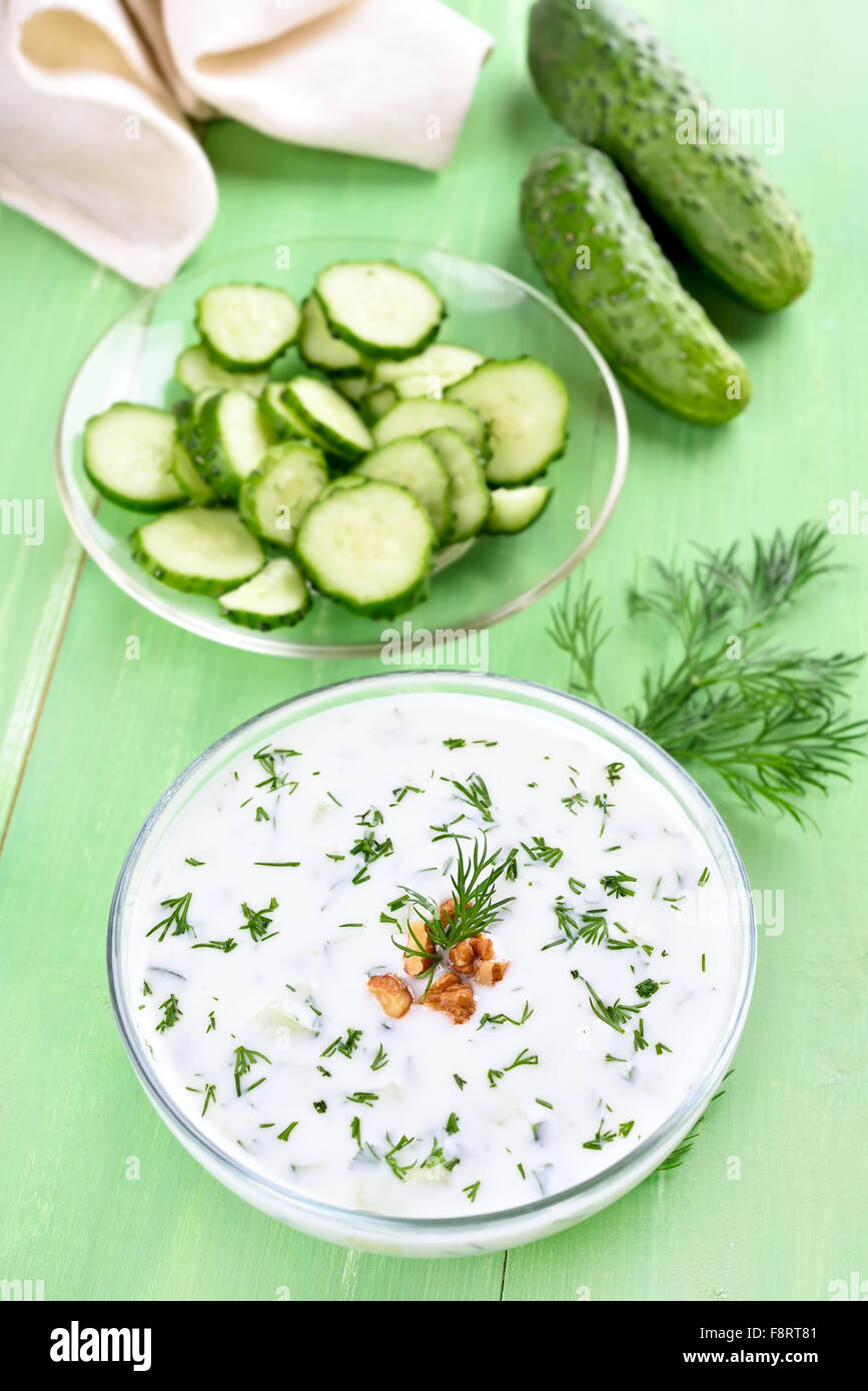 Sommer kalte Suppe Tarator mit Joghurt, Gurken, Dill und Walnuss Stockfoto
