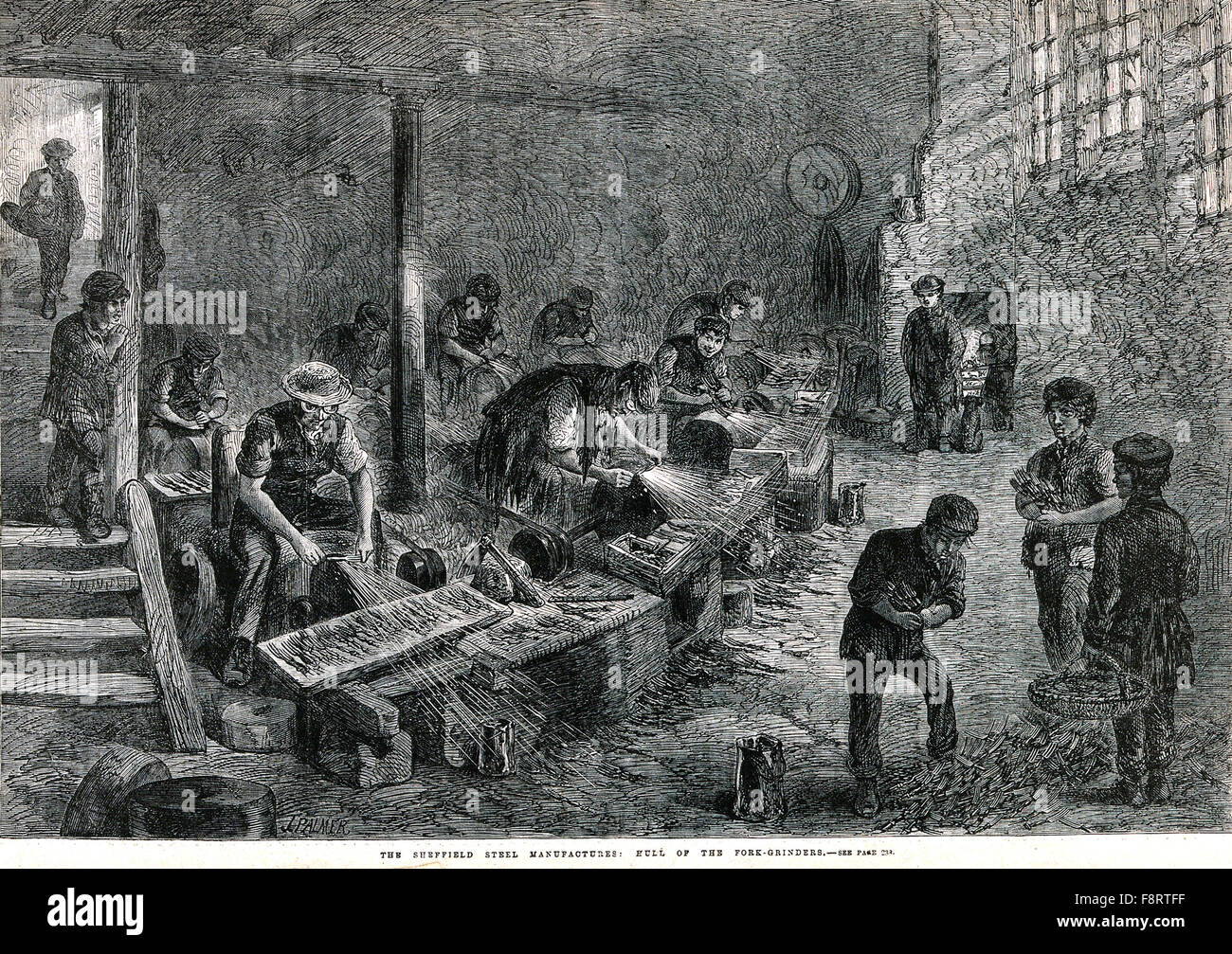 Kinder Arbeit auf der rechten Seite sammelt Gabeln die Mühlen auf der linken Seite in einer Moss-Tal, Sheffield, Fabrik im Jahre 1866 zu produzieren. Ein Prozess-Knoiwn als "schälen". Gravur von der illustrierten London News Stockfoto