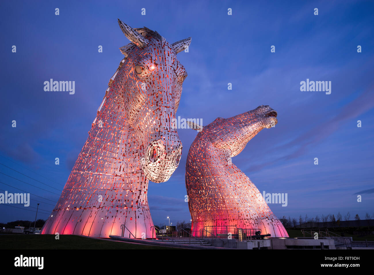 Die Kelpies, Helix, Falkirk, Schottland. Skulpturen von Andy Scott, beleuchtet. Stockfoto