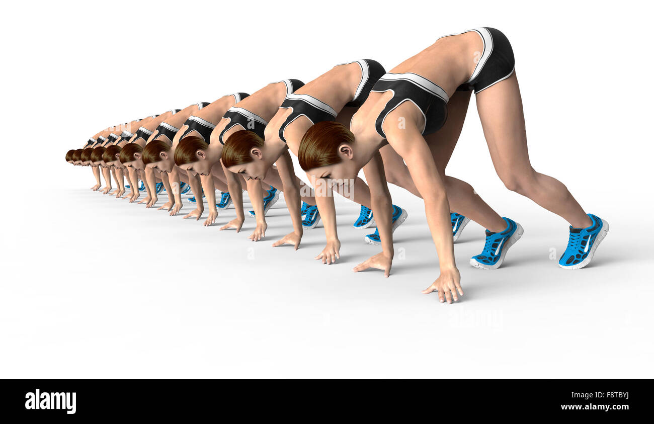 sportliche Frauen in geduckte Ausgangsposition Rennen beginnen. Isoliert auf weißem Hintergrund. Stockfoto