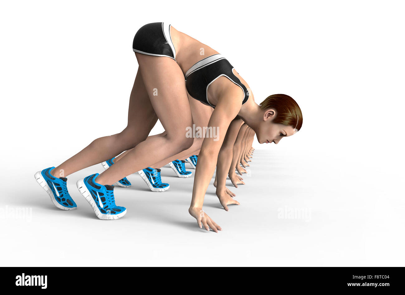 sportliche Frauen in geduckte Ausgangsposition Rennen beginnen. Isoliert auf weißem Hintergrund. Stockfoto