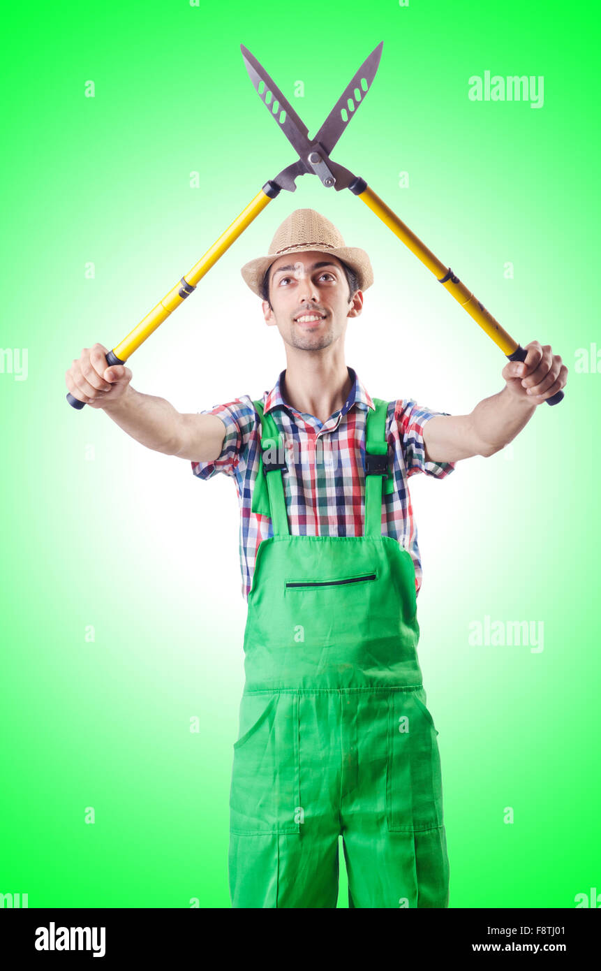 Mann Gärtner mit der Schere auf weiß Stockfotografie Alamy