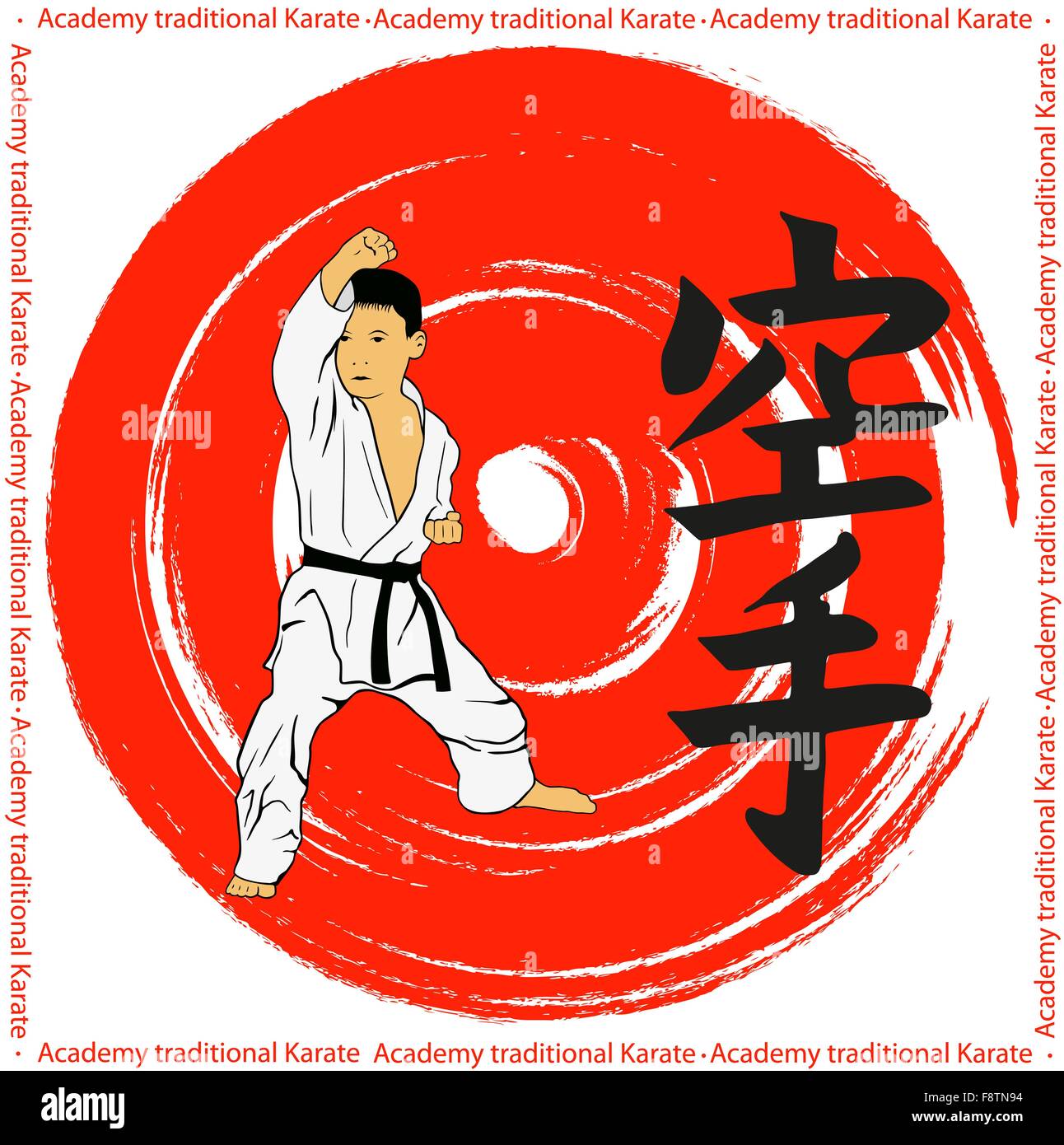 Das Emblem des traditionellen Karate jungen auf einem roten Hintergrund. Stockfoto