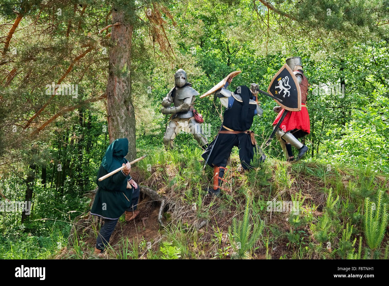 nur wenige Ritter in Rüstung kämpft am Wald Stockfoto