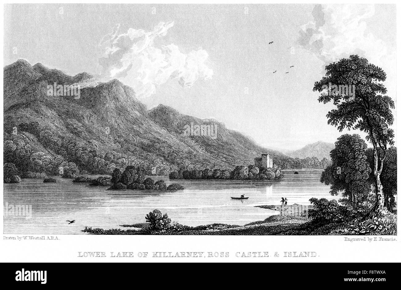 Eine Gravur der unteren See von Killarney, Ross Castle & Insel mit hoher Auflösung aus einem Buch, gedruckt im Jahre 1834 gescannt. Stockfoto