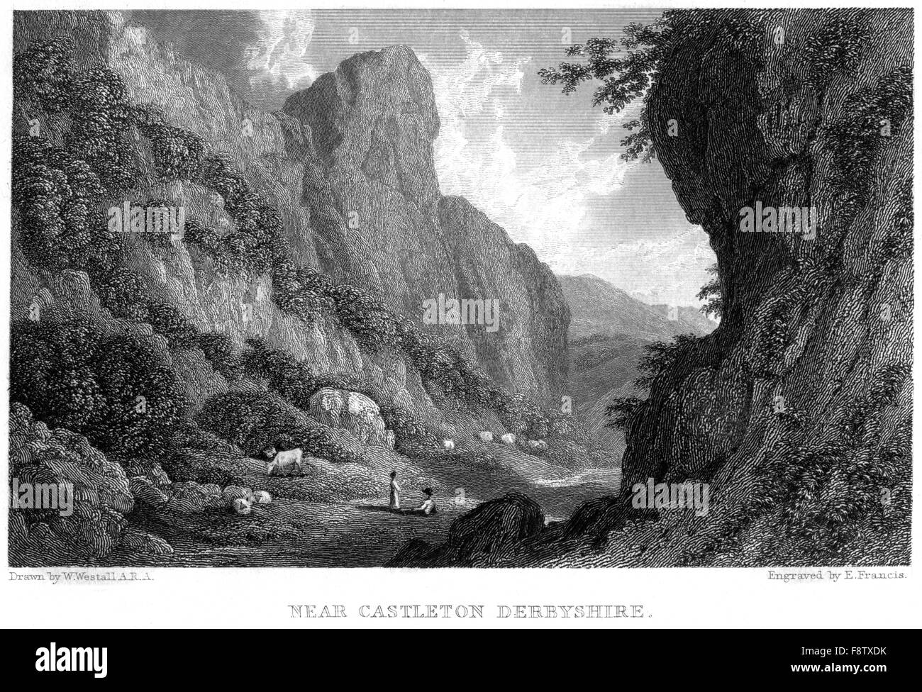 Eine Gravur in der Nähe von Castleton, gescannt, Derbyshire in hoher Auflösung aus einem Buch, gedruckt im Jahre 1834. Kostenlos copyright geglaubt. Stockfoto