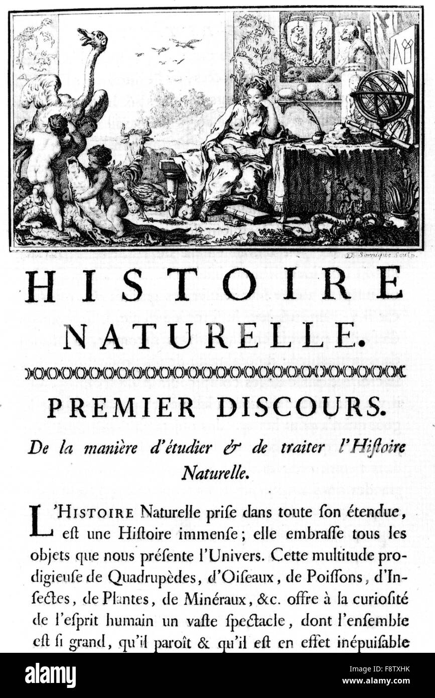 GEORGES-LOUIS LECLERC-Count Buffon (1707-1788) erste Seite von der französische Naturforscher 1749 Histoire Naturelle Stockfoto