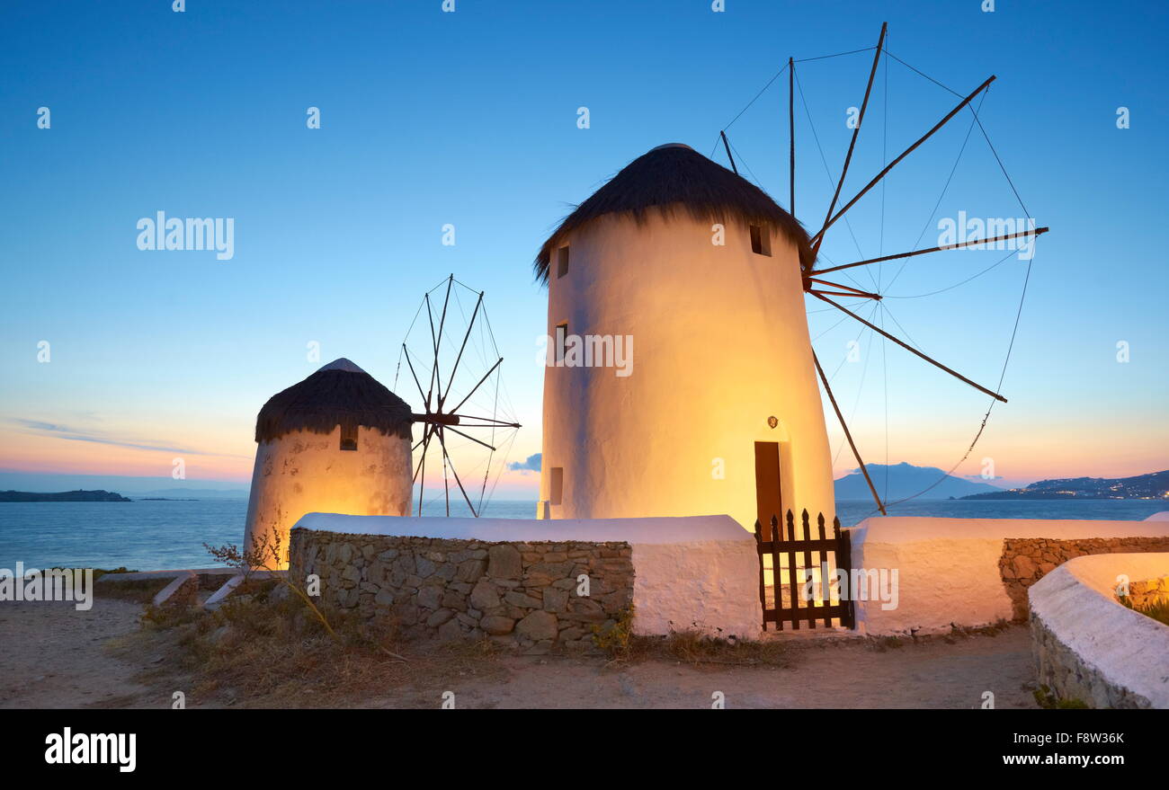 Windmühlen auf Mykonos Island, Kykladen, Griechenland Stockfoto