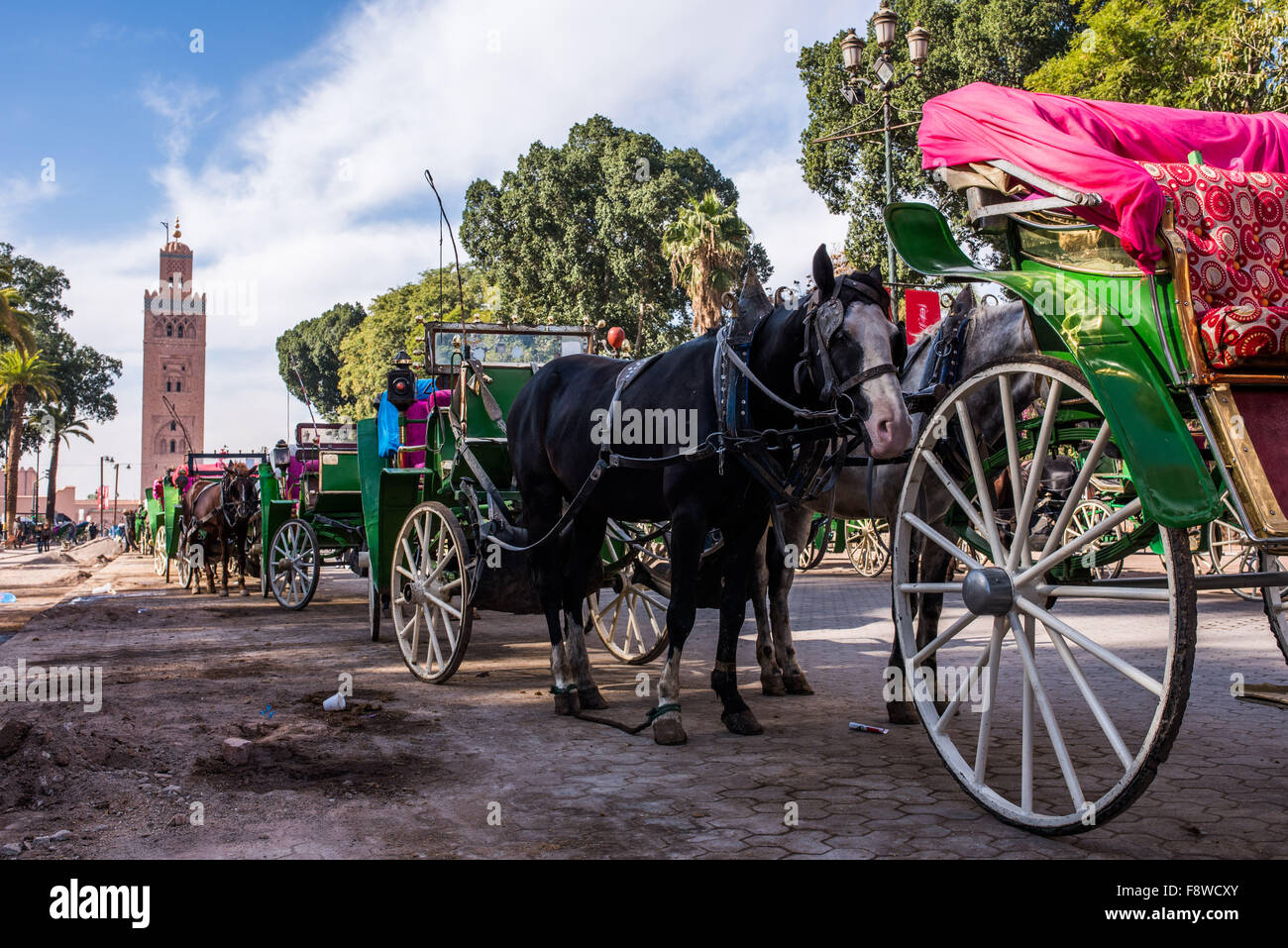 Geparkten Reihe von Pferden und Wagen in Marrakesch mit der Koutoubia-Minarett im Hintergrund Stockfoto