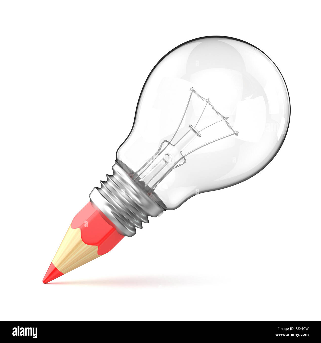 Bleistift-Glühbirne als kreatives Konzept. 3D-Render Abbildung isoliert auf weißem Hintergrund Stockfoto