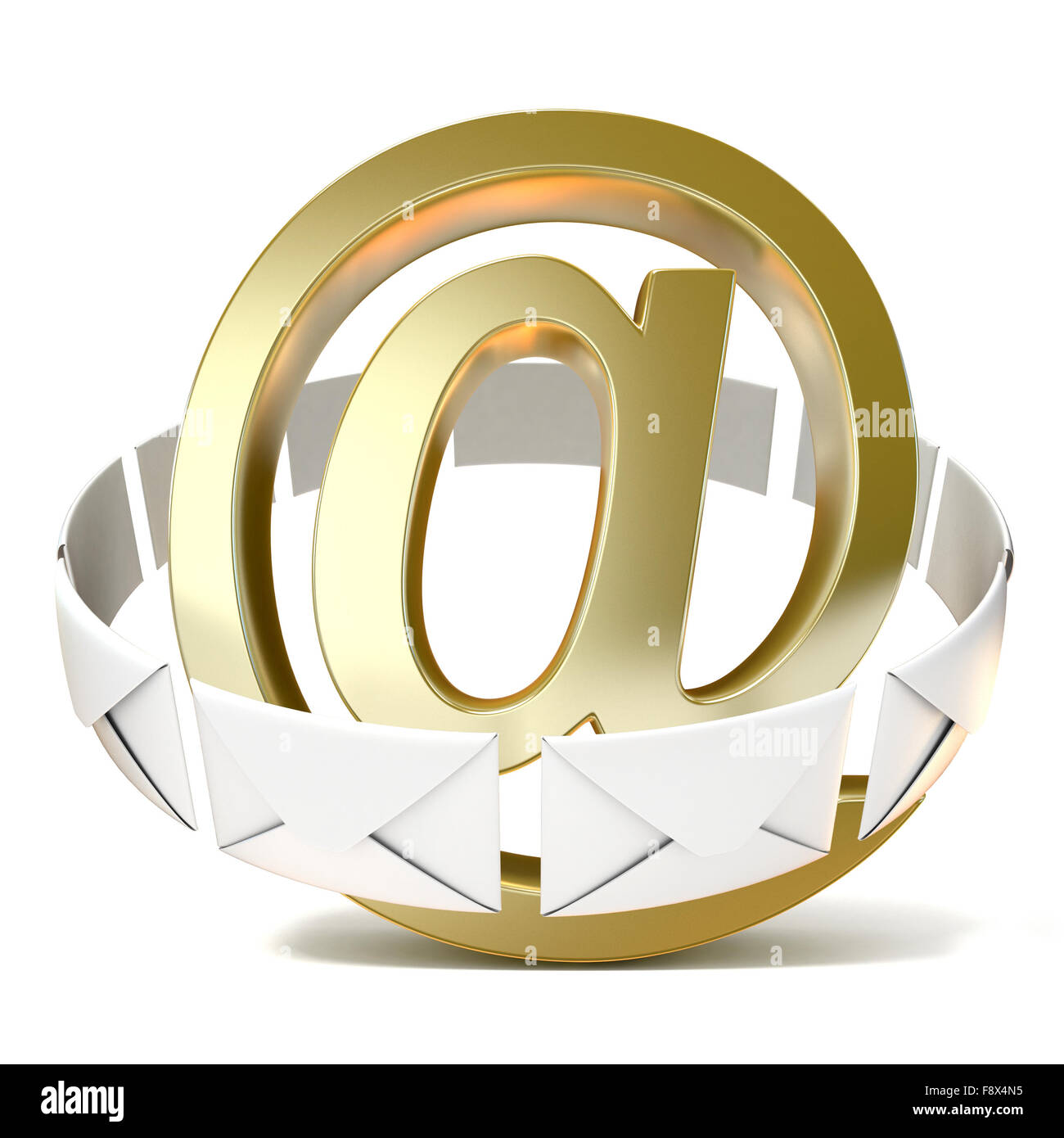 Umschläge um goldene e-Mail-Zeichen. 3D-Render Abbildung isoliert auf weißem Hintergrund Stockfoto