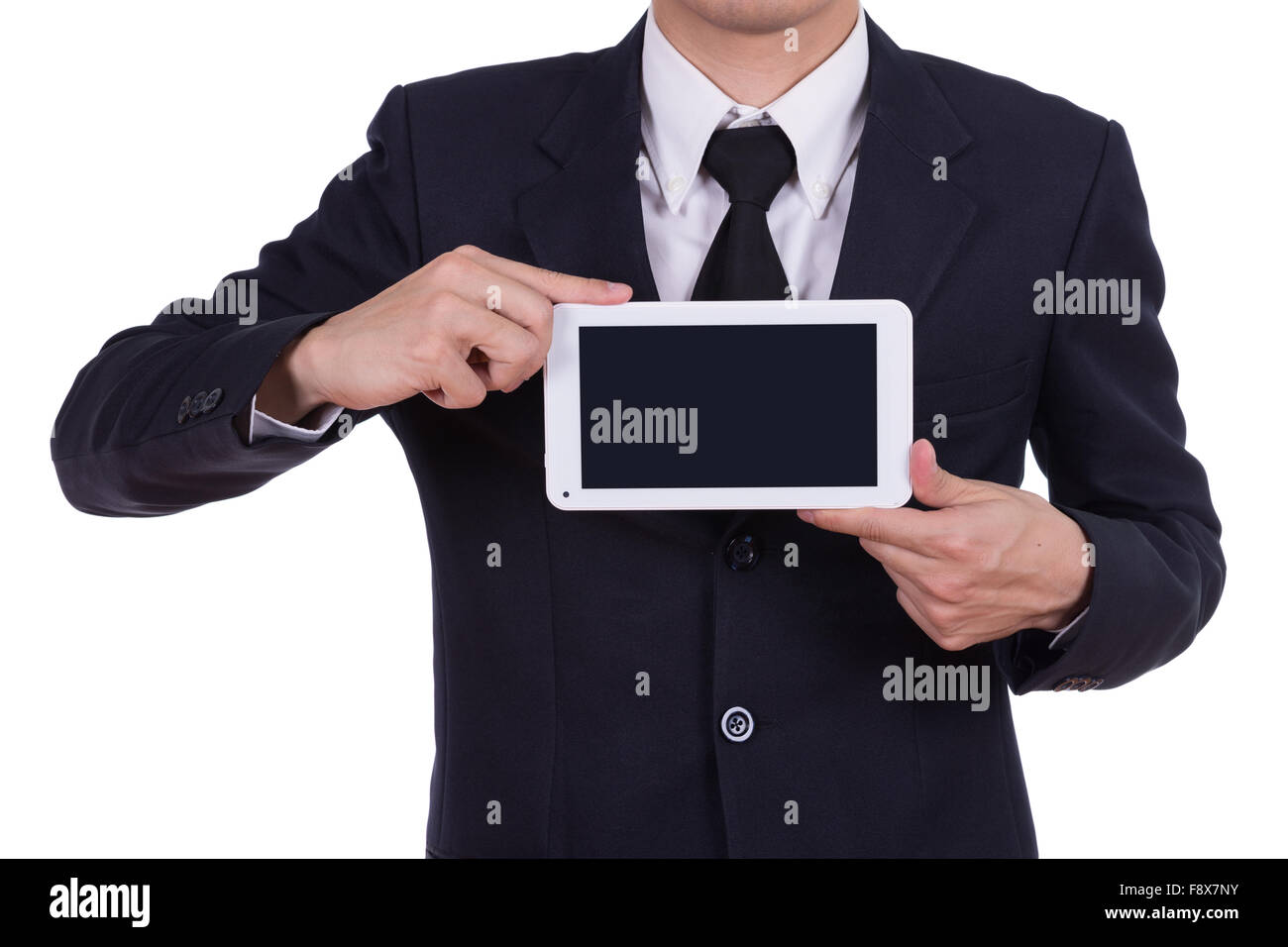 Geschäftsmann hält einen kleines Tablet Touch Computer isoliert auf weißem Hintergrund Stockfoto