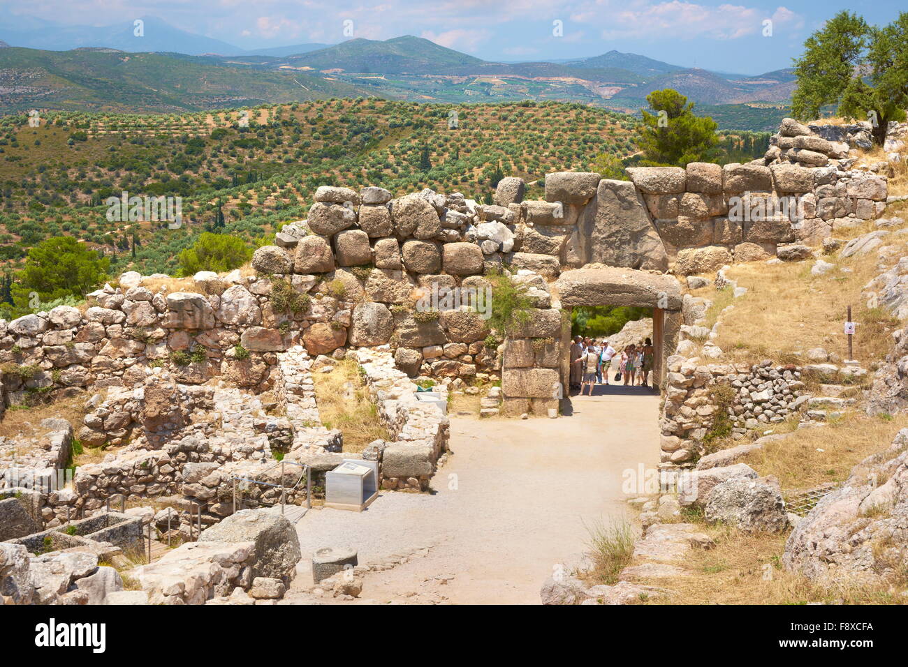 Alte Stadt von Mykene, Lion Tor Wand um die Akropolis von Mykene, Peloponnes, Griechenland Stockfoto