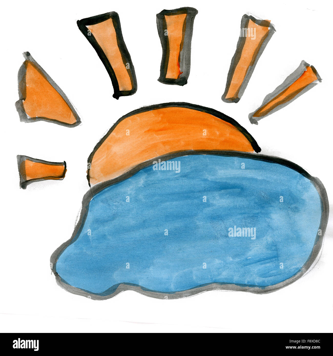die Sonne hinter einer Wolke isoliert auf weißem Hintergrund Stockfoto