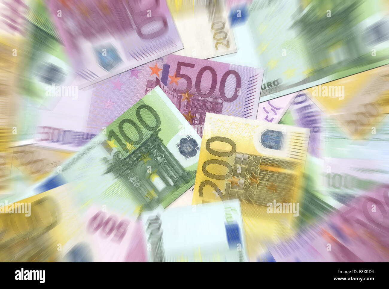 100,200,500 Euro-Banknoten Textur Radial Blur Stockfoto