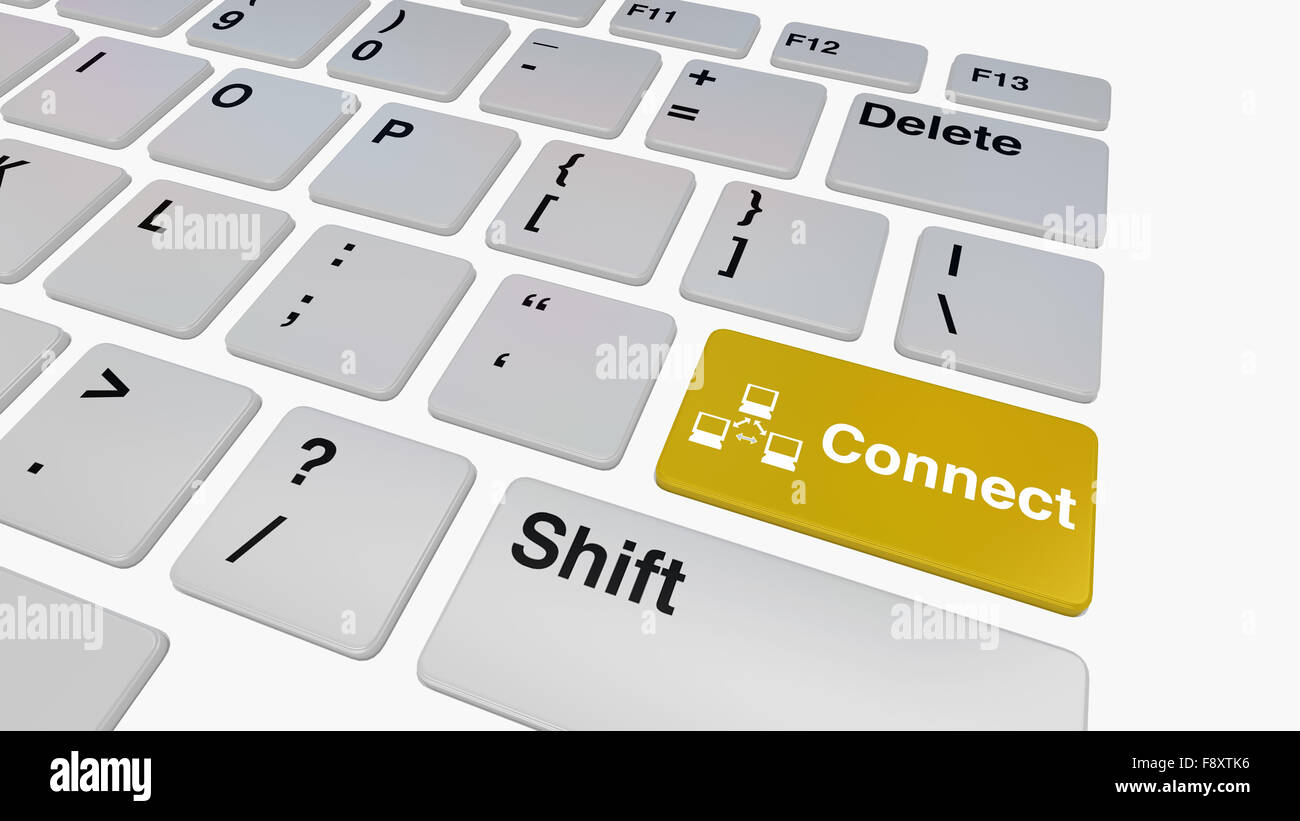 Tastatur mit gelb verbinden Schlüsselbegriff für Internet-Konnektivität Stockfoto