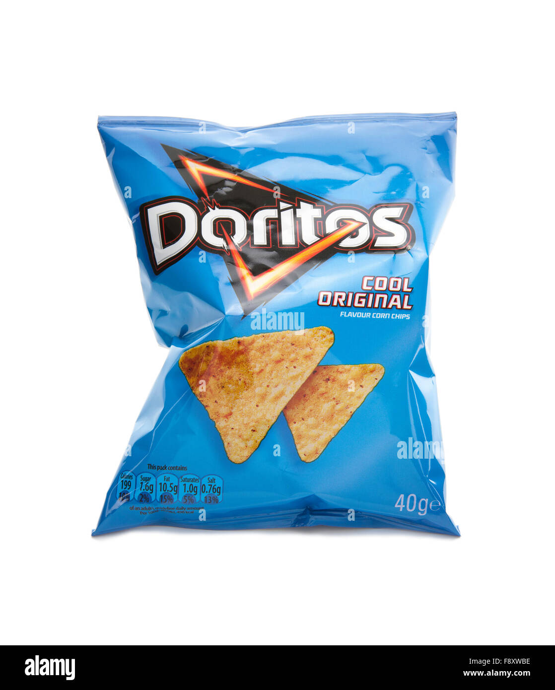 Paket von Doritos Maischips auf weißem Hintergrund Stockfoto