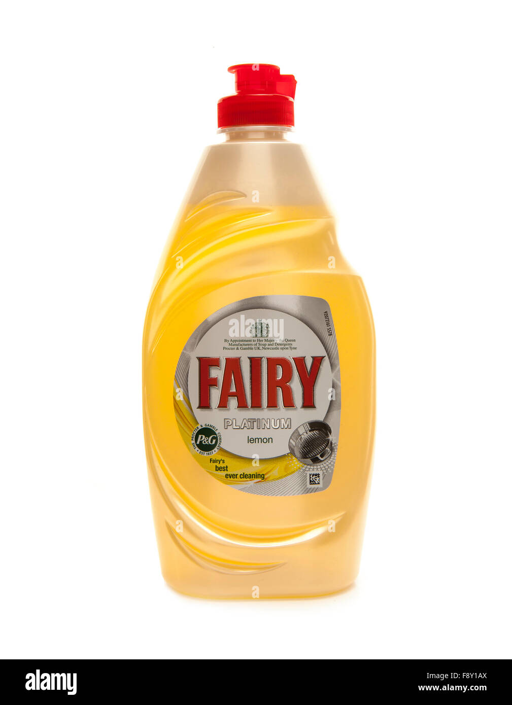 Flasche Zitrone Fee Spülmittel auf weißem Hintergrund Stockfoto