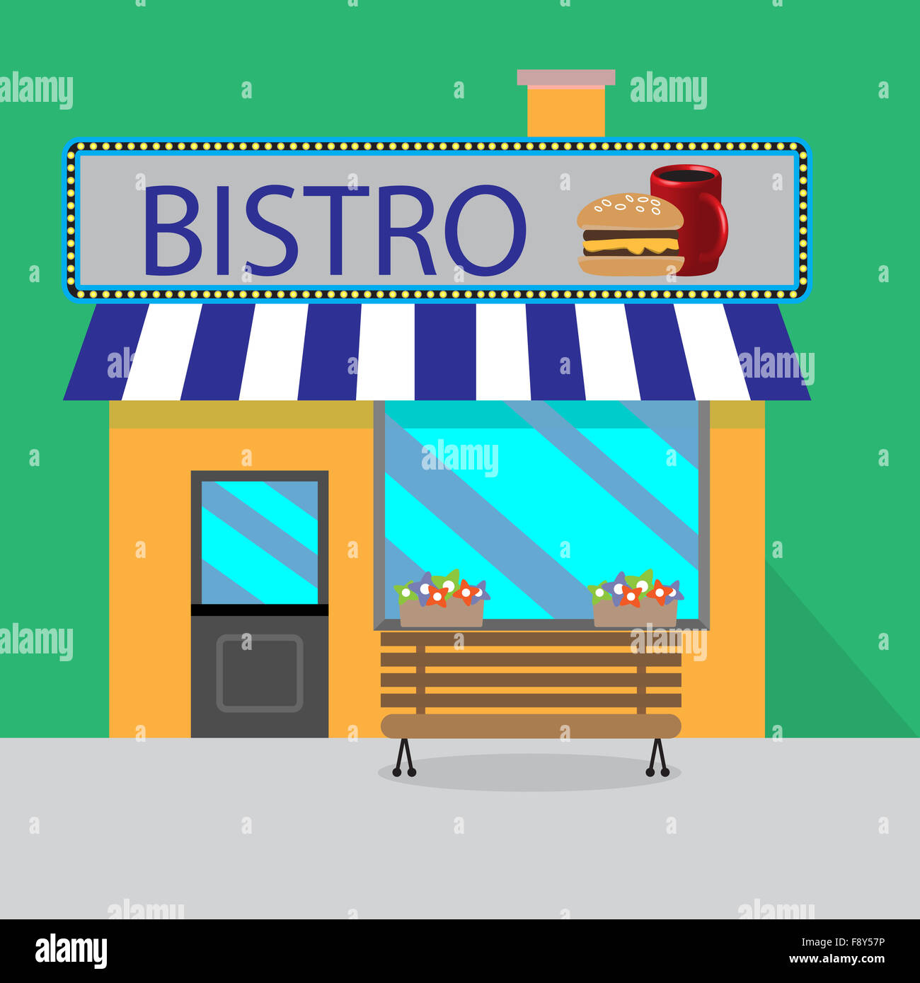 Gebäude-Bistro-Cartoon-Stil. Cafe Fassade, Shop und Essen, leckere Burger. Kunst Design Abstrakt ausgefallene Mode Vektorgrafik Stockfoto