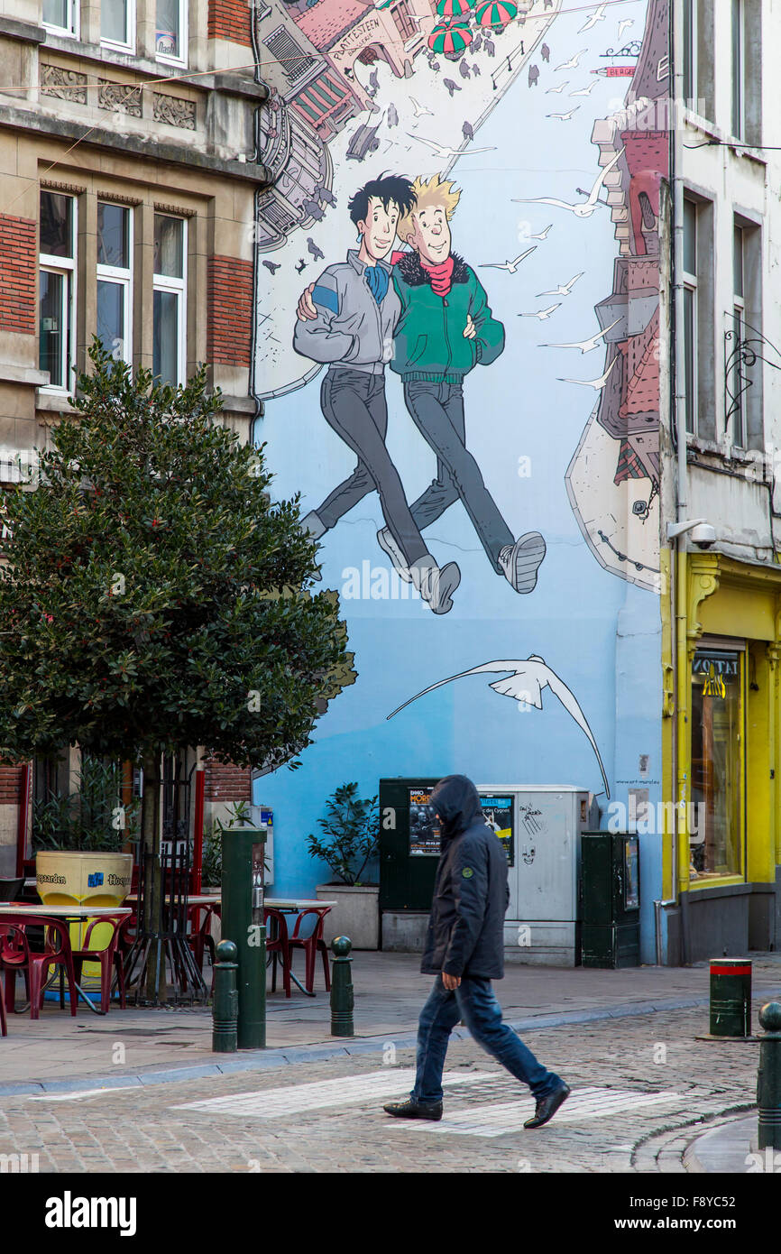 Comic und Porträt Wandmalereien in der Altstadt von Brüssel, Belgien Stockfoto