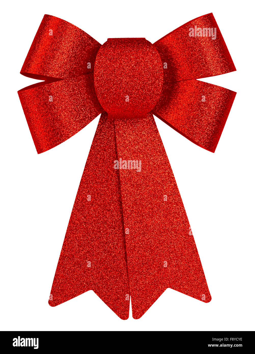 Rot glänzende Geschenk Bogen mit Glitzer Nahaufnahme isoliert auf einem weißen Hintergrund. Stockfoto