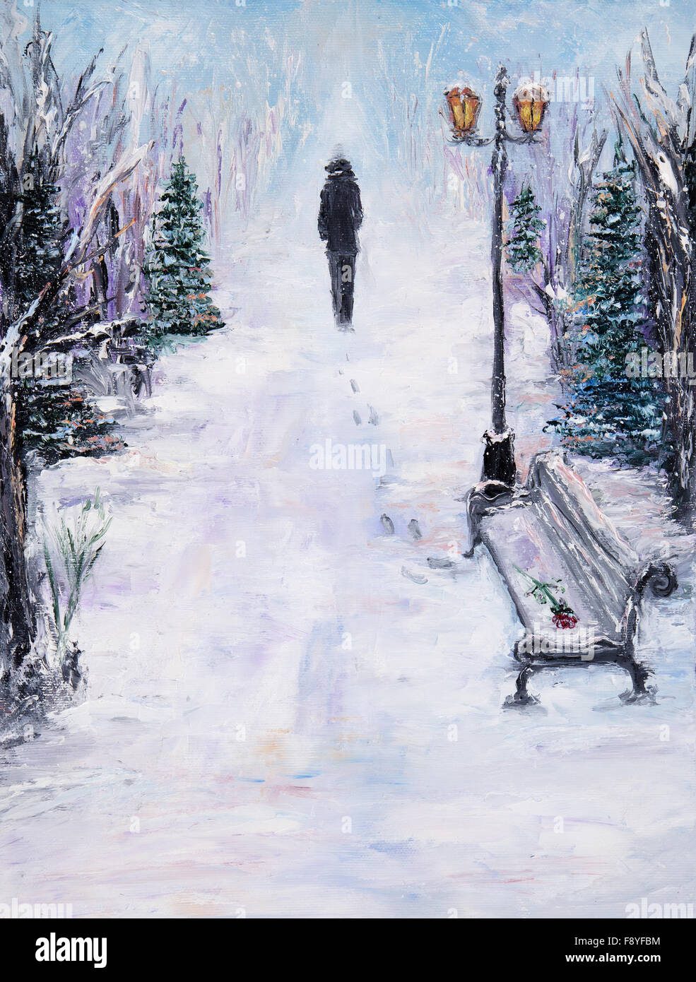 Original abstraktes Ölgemälde schöne Winterlandschaft auf Leinwand. Einsamer Mann im Park. Winter-Szene. Moderne Impressionismus, m Stockfoto