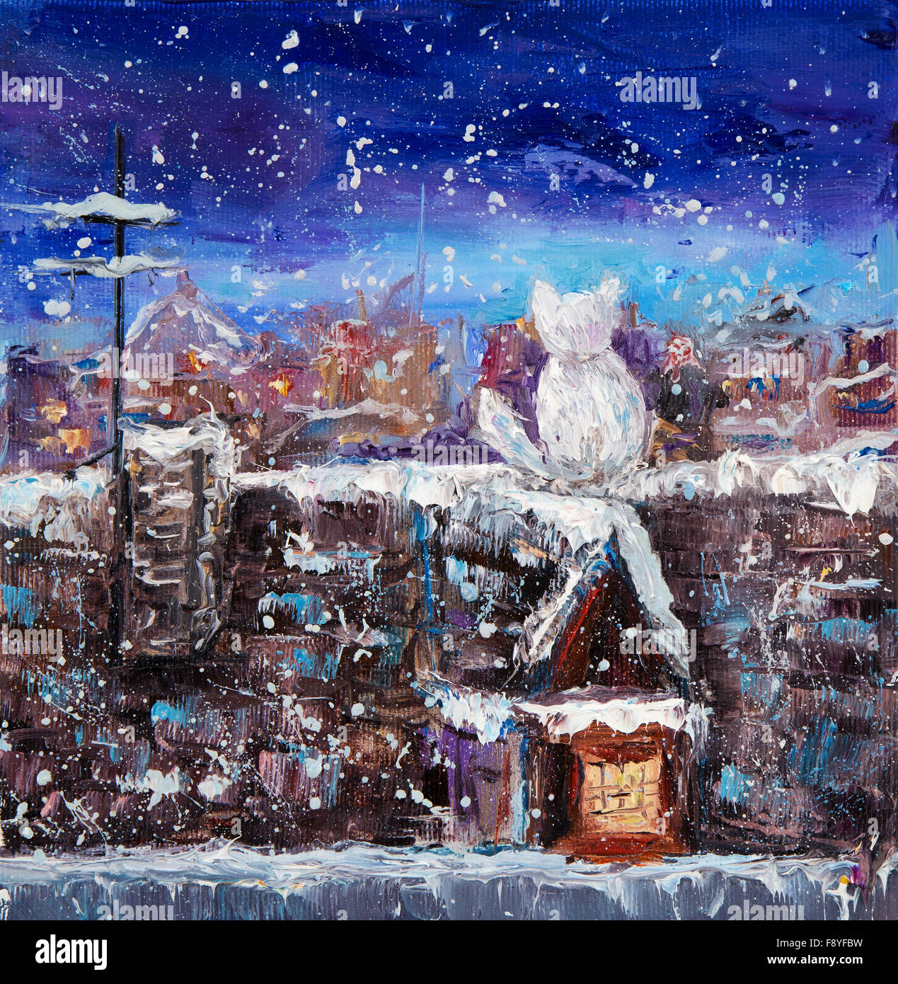 Original abstraktes Ölgemälde einer Hauskatze sitzt auf dem Dach auf Leinwand. Winter-Szene. Moderne Impressionismus, moderne, ma Stockfoto