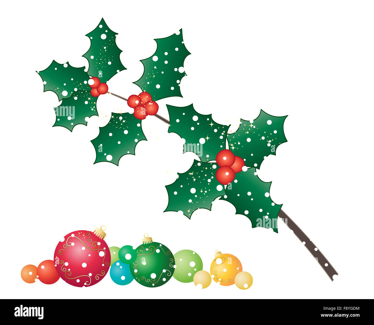 eine Abbildung von einem Zweig der saisonalen Weihnachten Stechpalme mit roten Beeren und funkelt auf weißem Hintergrund Stockfoto