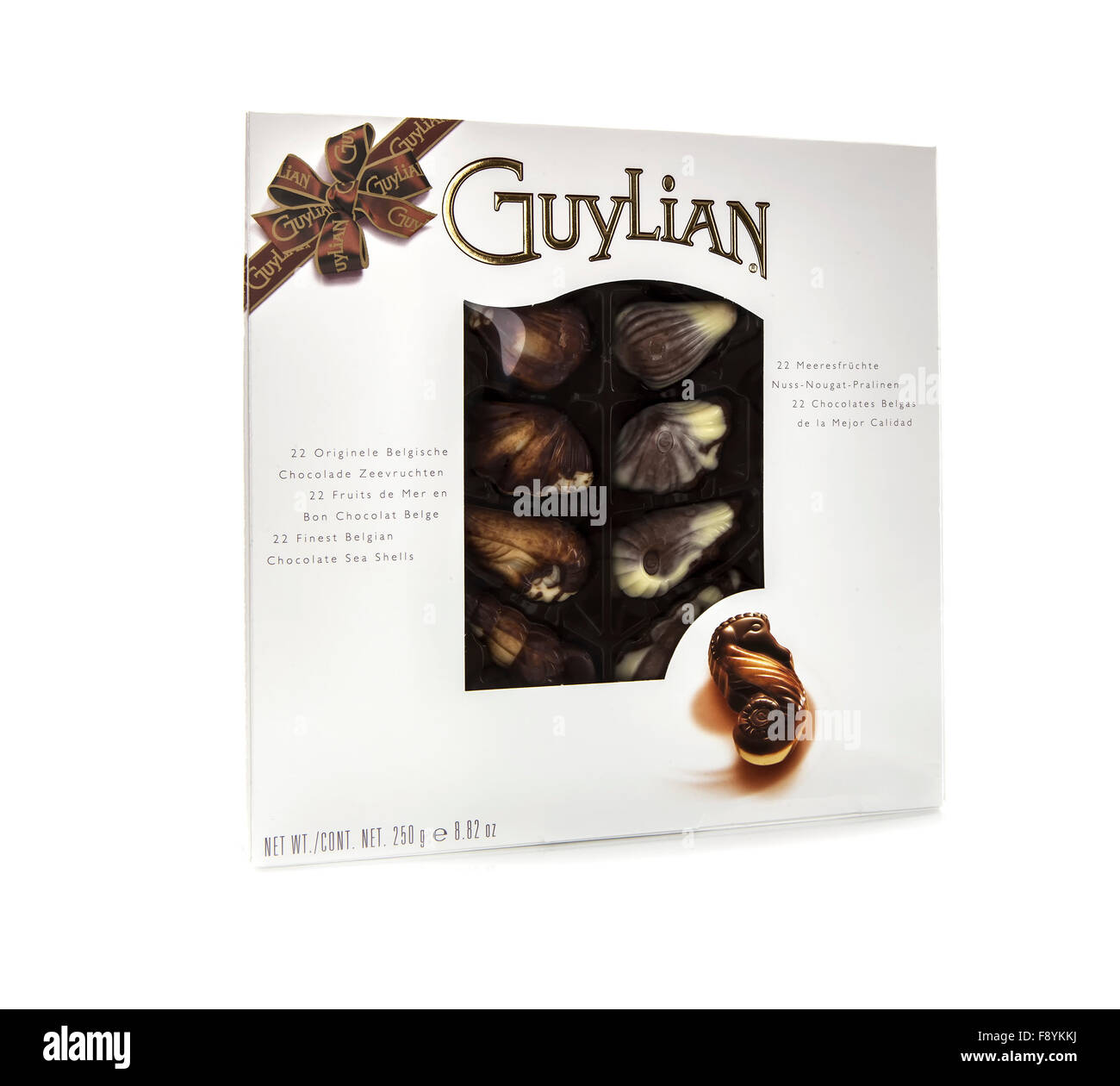 Guylian Muscheln belgischer Schokolade auf einem weißen Hintergrund Stockfoto