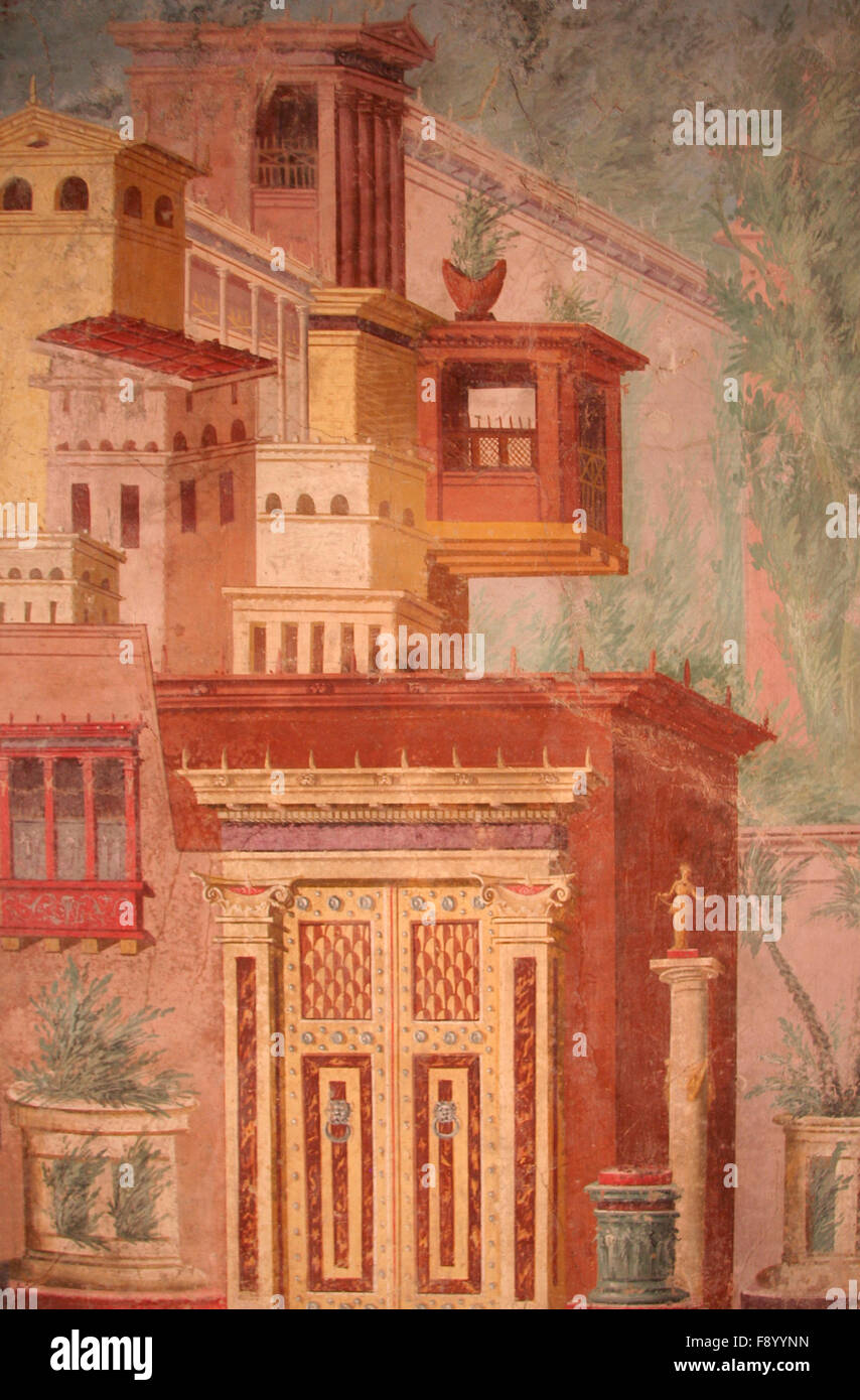 Antiken Roman Fresco Wandmalerei mit Architektur-Thema Stockfoto