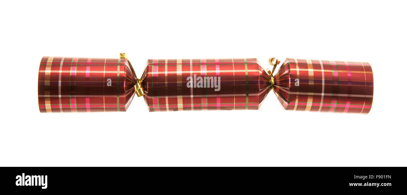 Christmas Cracker mit Tartan Muster isoliert auf weißem Hintergrund Stockfoto