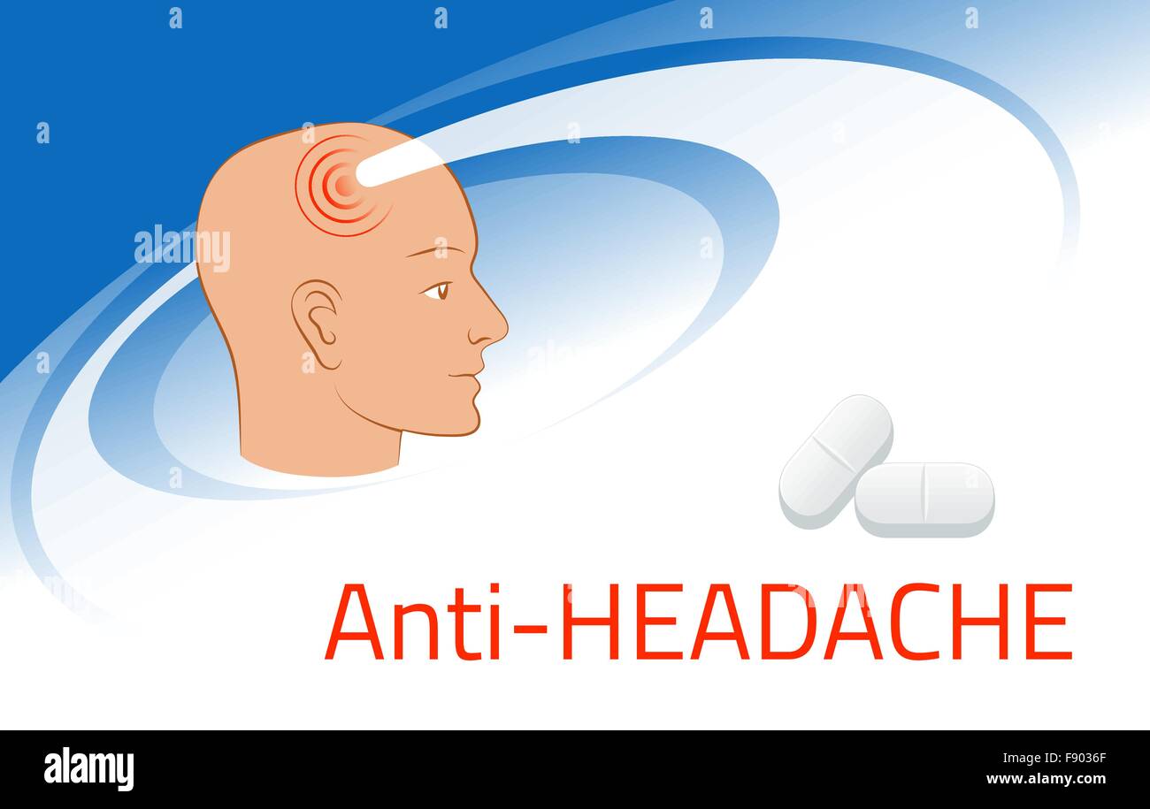 Kopfschmerzen Linderung Medizin. Medikamente, die Verpackung Design-Vorlage. Illustration der Pillen gegen den Schmerz im Kopf Stock Vektor