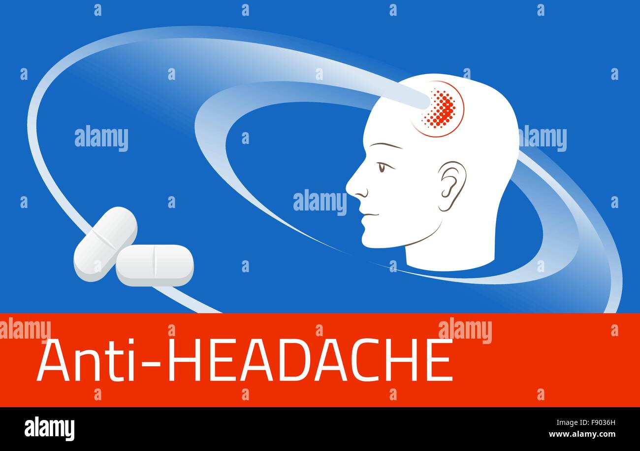 Kopfschmerzen Linderung Medizin. Medikamente, die Verpackung Design-Vorlage. Illustration der Pillen gegen den Schmerz im Kopf Stock Vektor