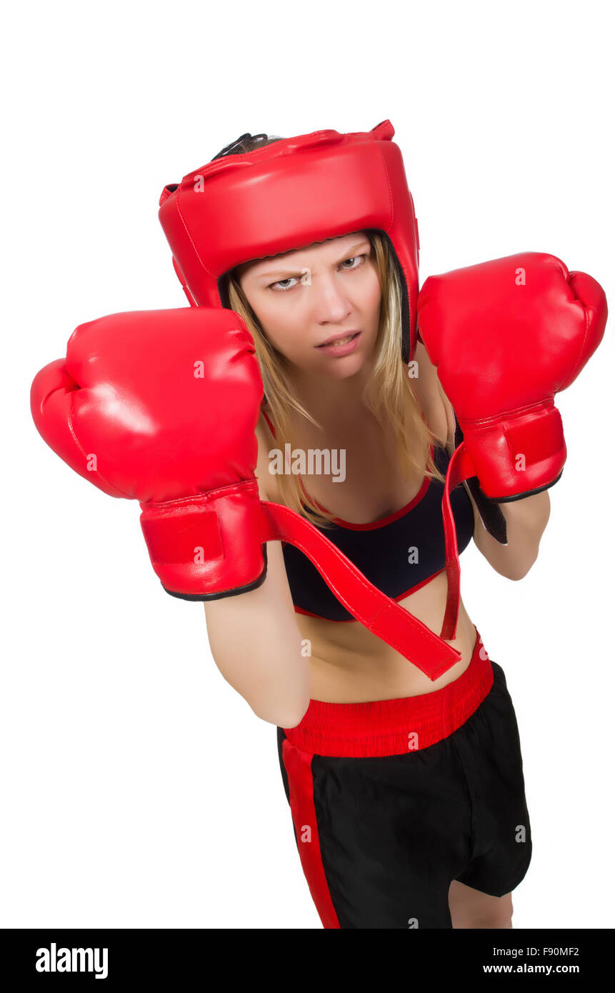 Frau Boxer auf weißem Hintergrund Stockfoto