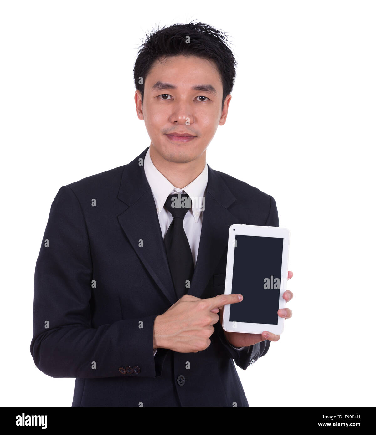 Geschäftsmann hält einen kleines Tablet Touch Computer isoliert auf weißem Hintergrund Stockfoto