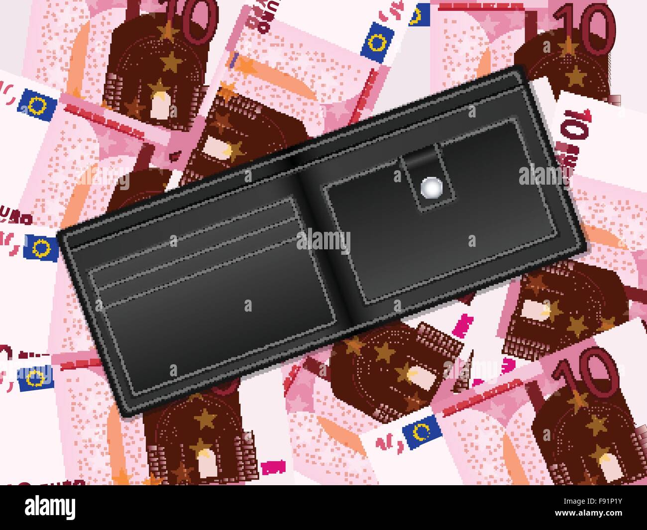Brieftasche auf zehn Euro-Banknoten Hintergrund. Vektor-Illustration. Stock Vektor