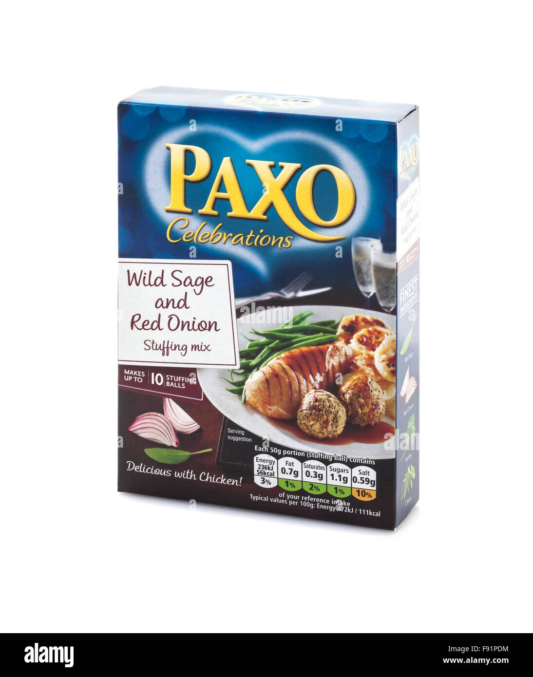 Paxo feiern wilder Salbei und rote Zwiebel Füllung auf weißem Hintergrund Stockfoto