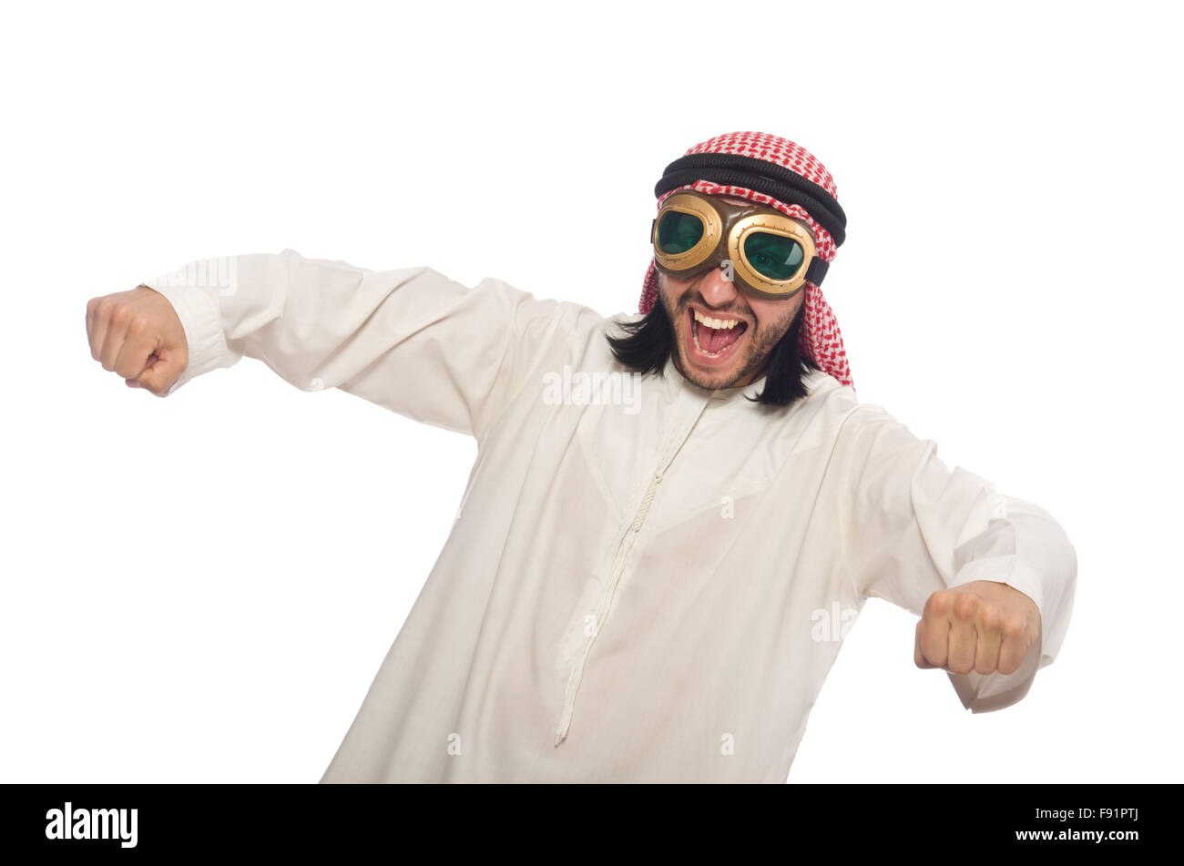 Arabische Mann mit Aviator Brille isoliert auf weiss Stockfoto