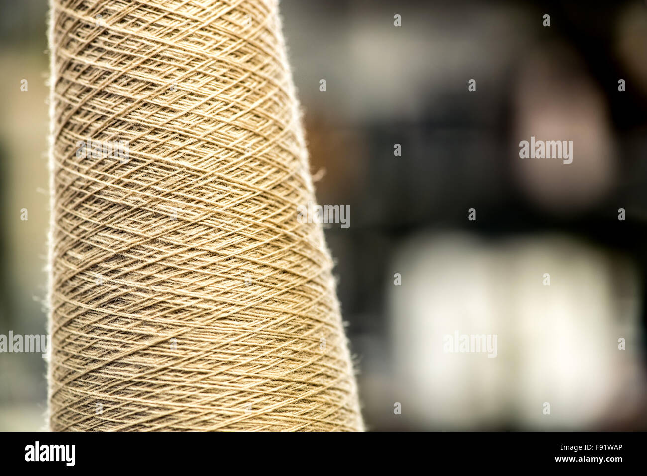 In der Nähe von ungefärbte Baumwolle Thread Wunde auf Spule in industrieller Fertigung Lager, Stillleben mit Textfreiraum Stockfoto