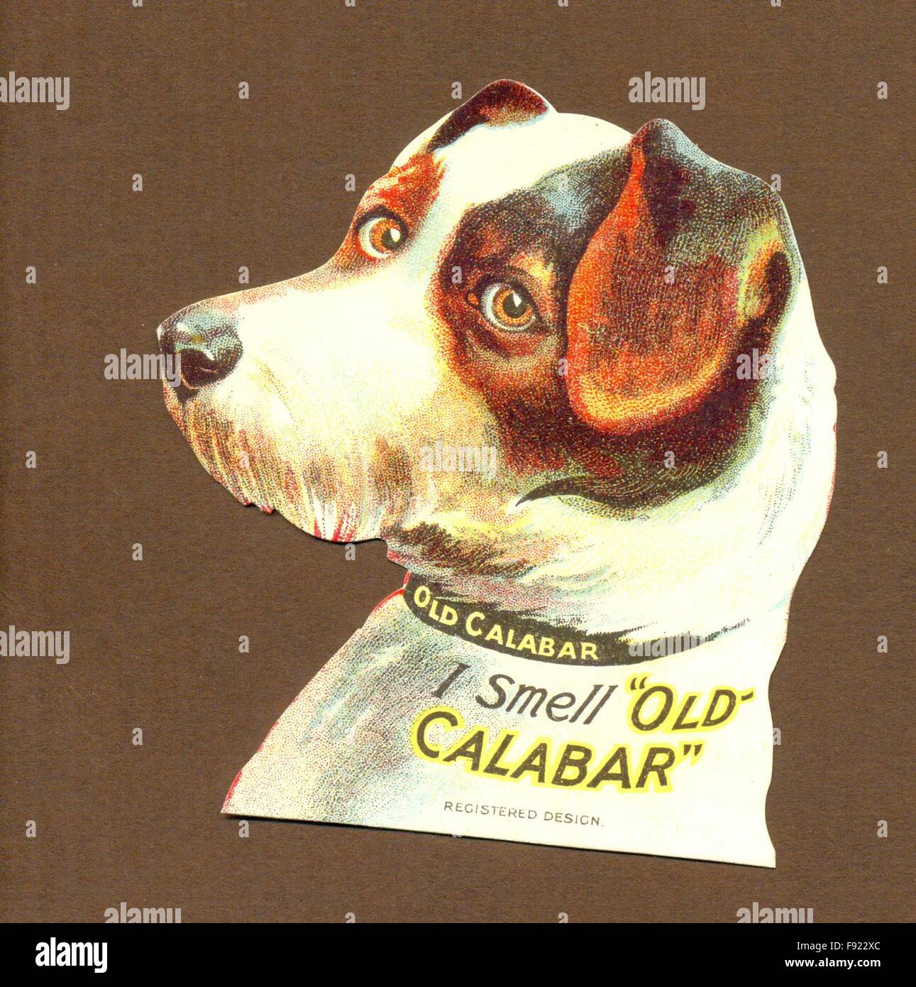 Chromolithographierte Stempelschneidwerbung für alte Calabar-Hundekekse um 1895 Stockfoto