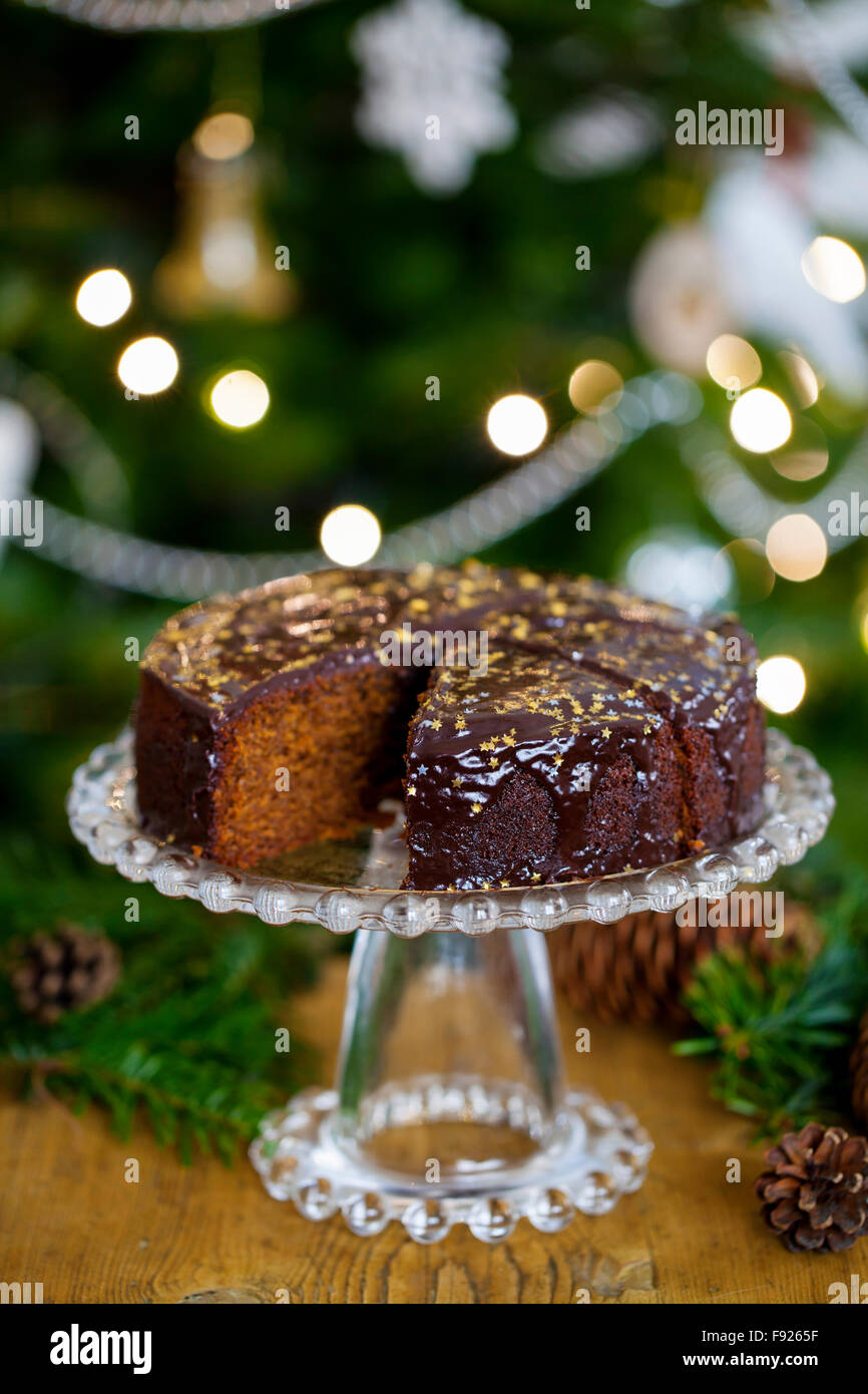 Ingwer-Kuchen mit Schokoladensauce Stockfoto