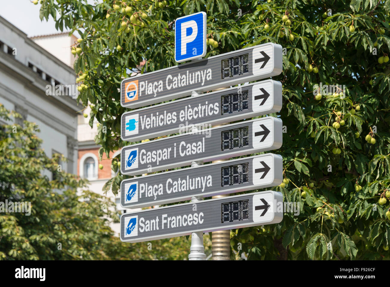 Parkplatz-Beschilderung, Girona (Gerona), Provinz Girona, Katalonien, Spanien Stockfoto