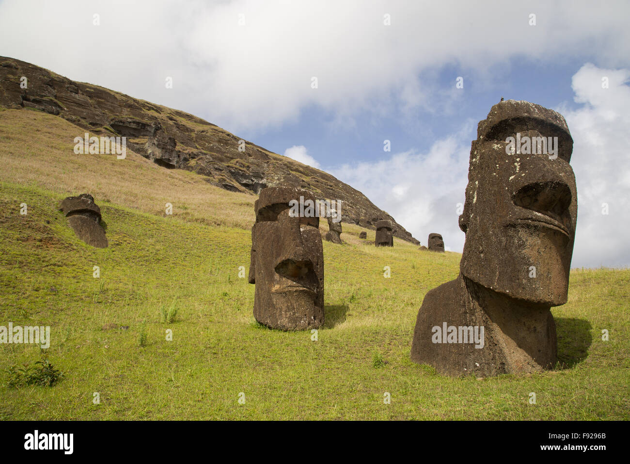 Foto von der Moais am Rano Raraku Steinbruch auf der Osterinsel in Chile. Stockfoto