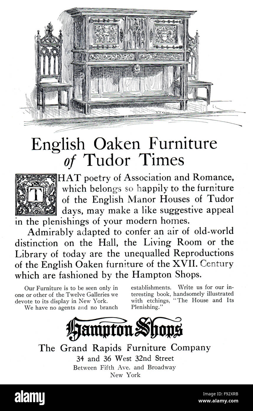 1913 Hampton Geschäfte, englische Eiche Möbel von Tudor Times Werbung von The International Studio Magazine Stockfoto