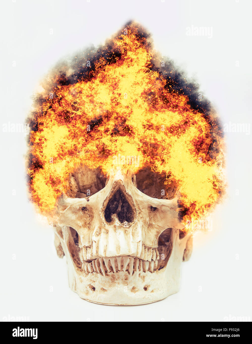 Menschlicher Schädel, auf einem Feuer gefangen. Stockfoto