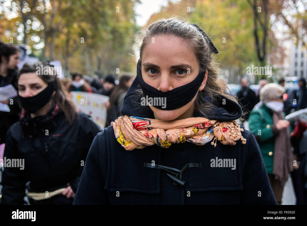 Madrid Spanien 13 Dezember 2015 Eine Geknebelte Frau Protestieren 